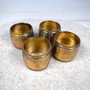 Vintage Solid Brass Napkin Rings Set of 4 Ribbed Beaded Border Gold Tone 1.75